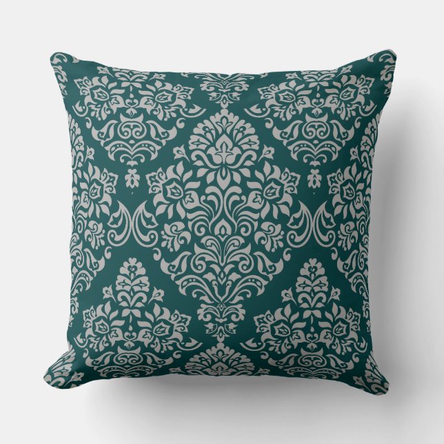 Coussin Motif damassé luxueux sur couleur turquoise foncé (Recto)