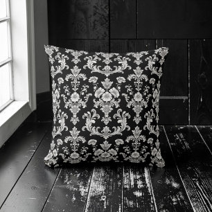 Coussin Motif damassé noir et blanc victorien