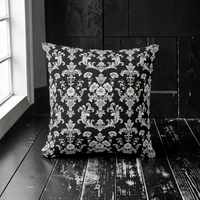 Coussin Motif damassé noir et blanc victorien (Créateur téléchargé)