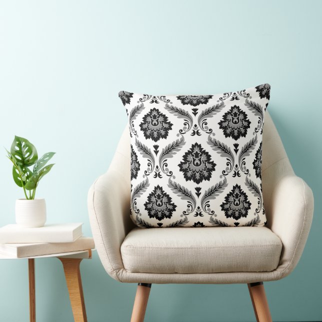 Coussin Motif Damassé Rococo Gris Noir Blanc (Chaise)