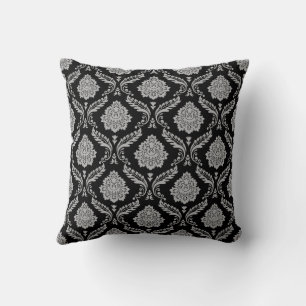 Coussin Motif Damassé Rococo Gris sur Fond Noir