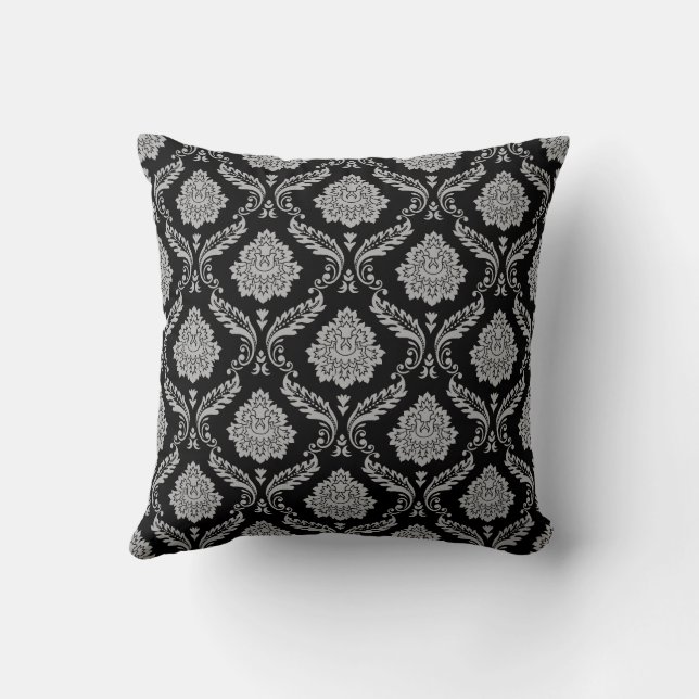 Coussin Motif Damassé Rococo Gris sur Fond Noir (Verso)
