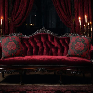 Coussin Motif damassé rouge et noir