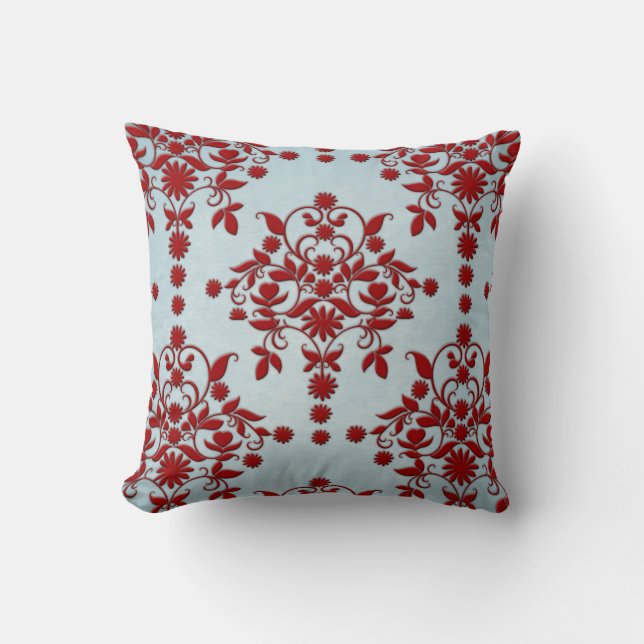 Coussin Motif damassé rouge foncé et sarcelle poussiéreuse (Recto)