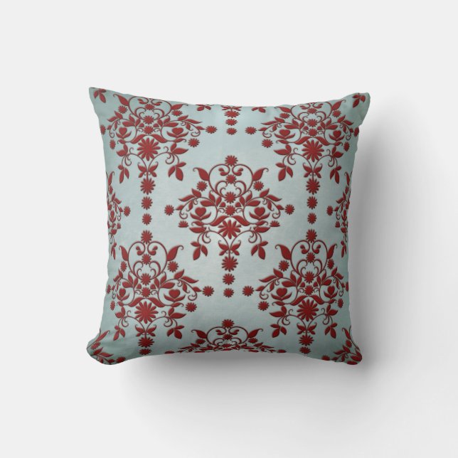 Coussin Motif damassé rouge foncé et sarcelle poussiéreuse (Recto)