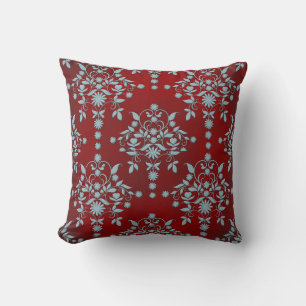 Coussin Motif damassé rouge foncé et sarcelle poussiéreuse