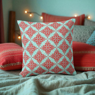 Coussin Motif damassé rouge sur sarcelle