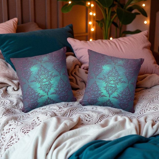 Coussin Motif damassé sarcelle à violet fantaisie (Créateur téléchargé)