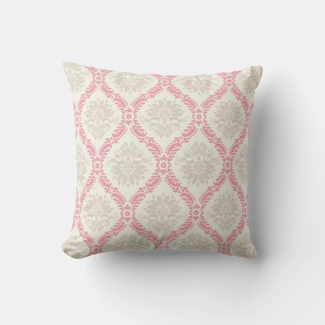 Coussin motif damassé taupe et crème rose melon (Recto)