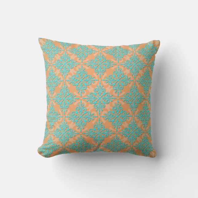 Coussin Motif damassé turquoise et orange (Recto)