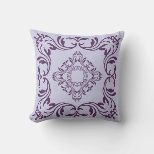 Coussin Motif Damassé Violet Fond Argent Uni
