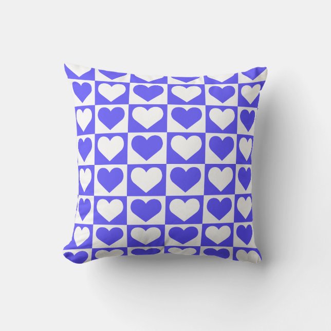 Coussin Motif Damier à Coeurs - Bleu et Blanc (Recto)