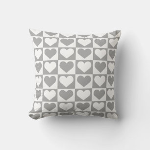 Coussin Motif Damier à Coeurs - Gris et Blanc