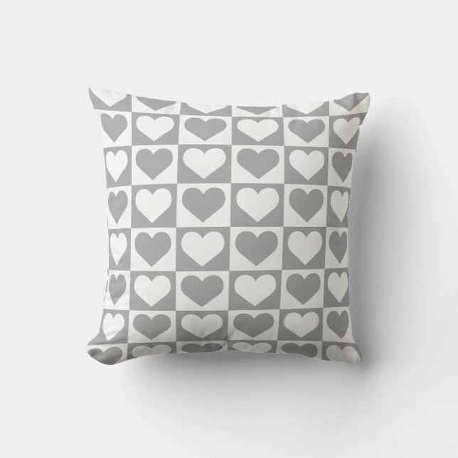Coussin Motif Damier à Coeurs - Gris et Blanc (Recto)