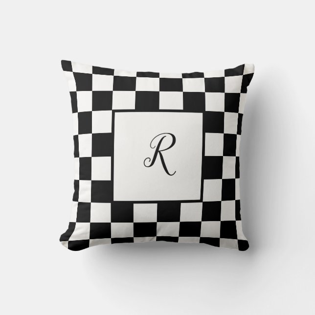 Coussin Motif damier noir et blanc avec monogramme (Recto)