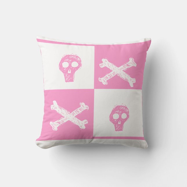 Coussin motif damier rose et blanc crâne rose (Recto)