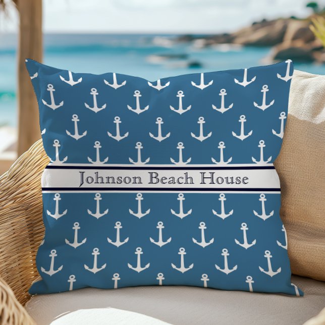 Coussin Motif d'ancre bleu et blanc nautical Nom (Créateur téléchargé)