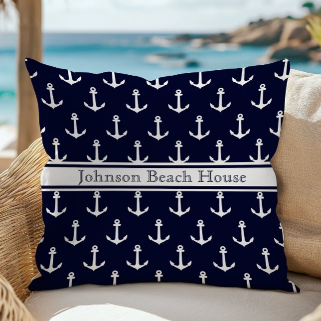 Coussin Motif d'ancre bleu et blanc nautique Nom (Créateur téléchargé)