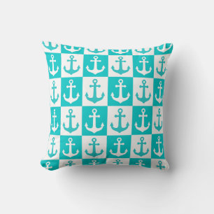 Coussin Motif d'ancre de bateau à carreaux - Bleu océan