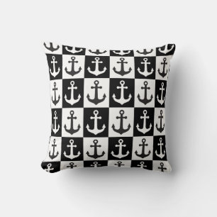 Coussin Motif d'ancre de bateau à carreaux - Noir et Blanc