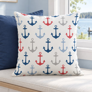 Coussin Motif d'ancre marine blanc rouge et marine