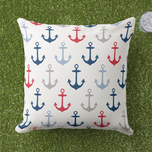 Coussin Motif d'ancre marine blanc rouge navy (Herbe)