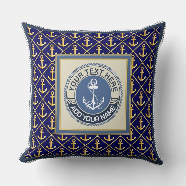 Coussin Motif d'ancre nautique et blanc bleu monogramme (Recto)