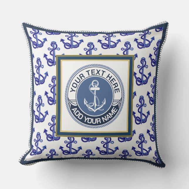 Coussin Motif d'ancre nautique et blanc bleu Monogramme (Recto)