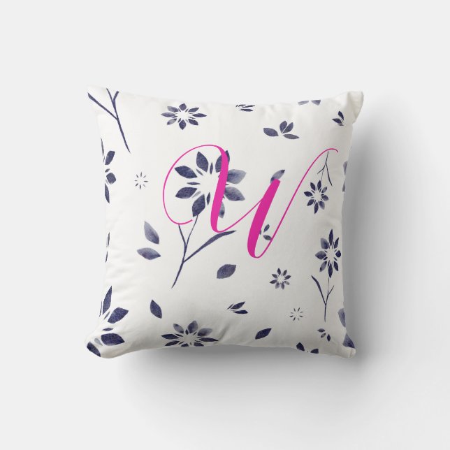 Coussin Motif d'aquarelle bleu monogramme (Recto)