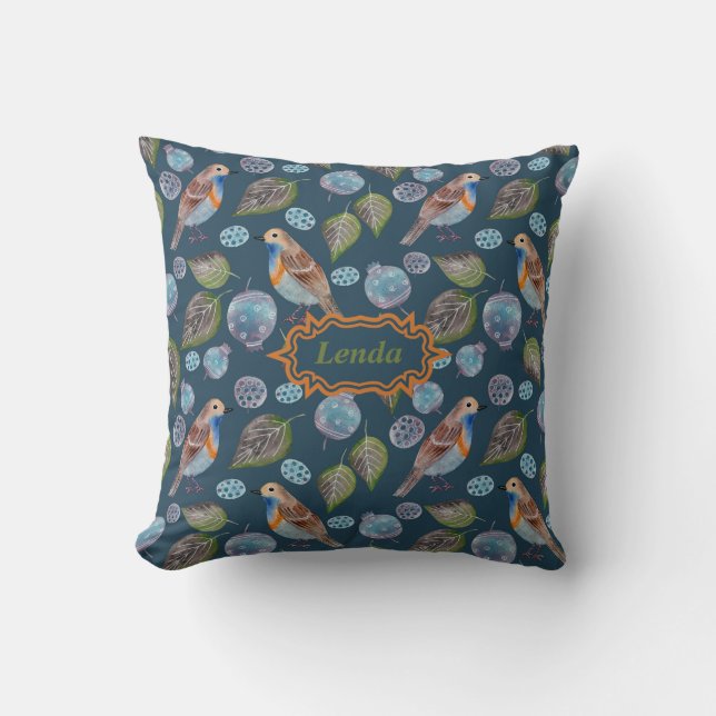 Coussin Motif d'aquarelle Blue Birds (Recto)