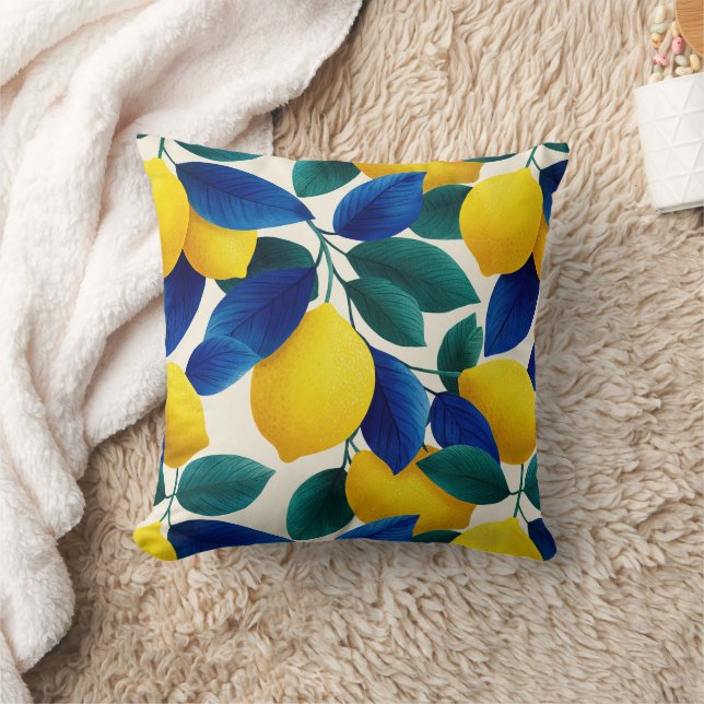 Coussin Motif d'aquarelle citron et bleu Feuille (Couverture)
