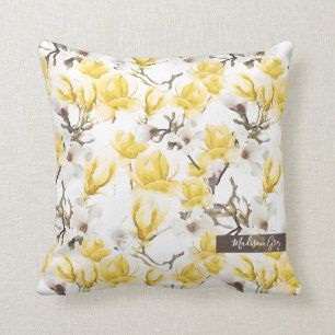 Coussin Motif d'aquarelle jaune et blanc Magnolia Blossom