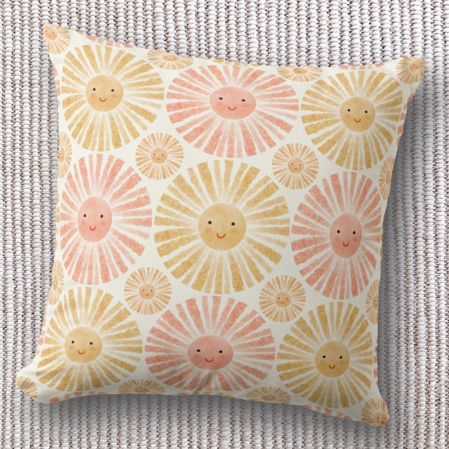 Coussin Motif d'aquarelle Little Sunshine (Happy watercolor sunshine pattern throw pillow, ideal for nursery or kids room)