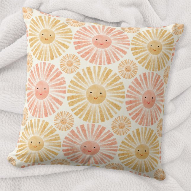 Coussin Motif d'aquarelle Little Sunshine (Happy watercolor sunshine pattern throw pillow)