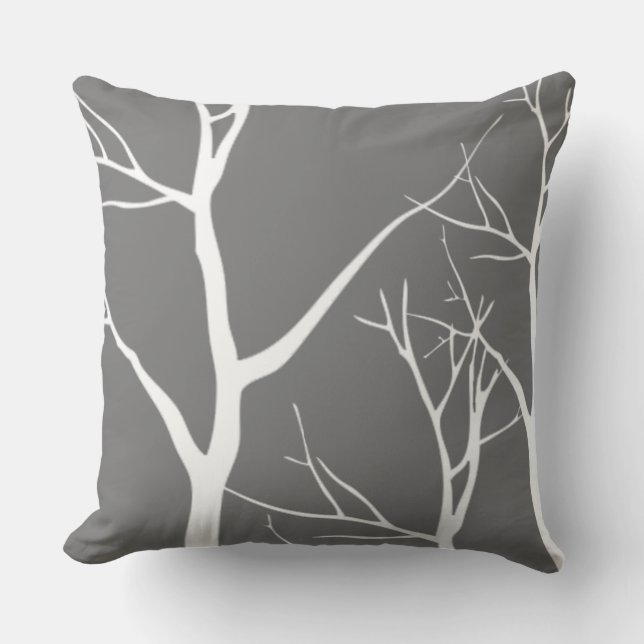 Coussin Motif d'arbre blanc abstrait sur gris (Recto)