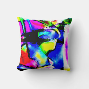 Coussin Motif d'art abstrait bleu rose noir jaune vert