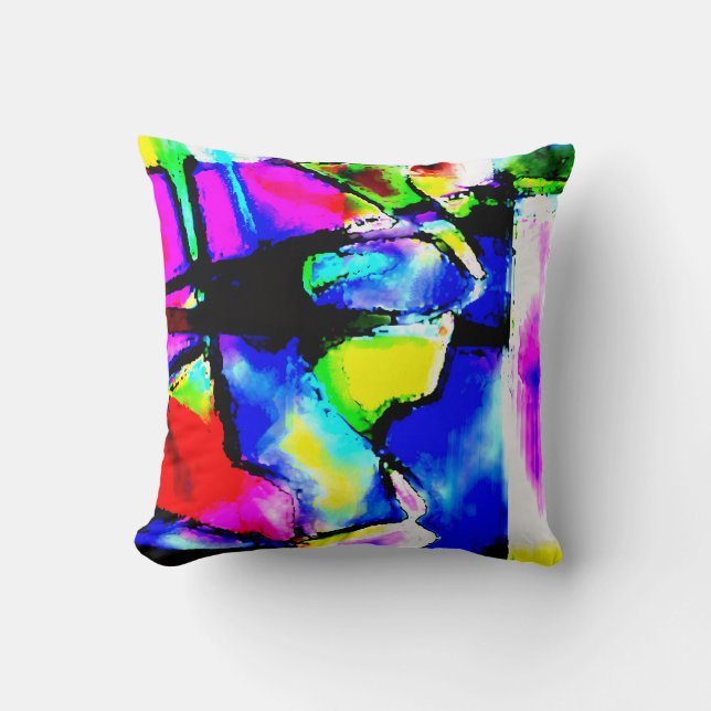 Coussin Motif d'art abstrait bleu rose noir jaune vert (Recto)