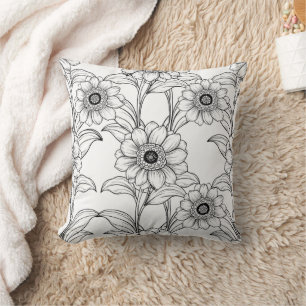 Coussin Motif d'art en ligne floral noir et blanc élégant 