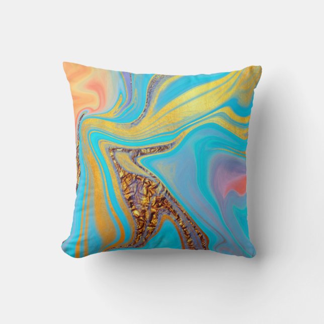 Coussin Motif d'art fluide Ciel Doré – Bleu & Or (Recto)