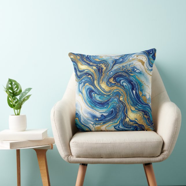 Coussin Motif d'art fluide de luxe en marbre bleu or (Chaise)