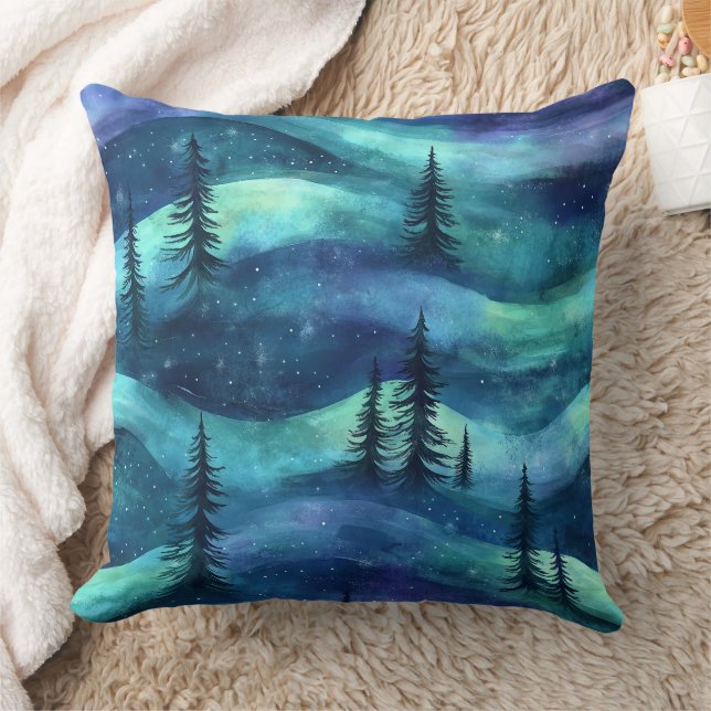 Coussin Motif d'aurore de forêt hivernale (Couverture)