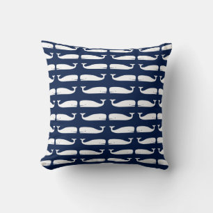 Coussin Motif de baleine blanche, Bleu et Blanc, Nautique