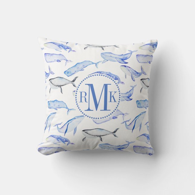 Coussin Motif de baleine bleue d'aquarelle (Recto)