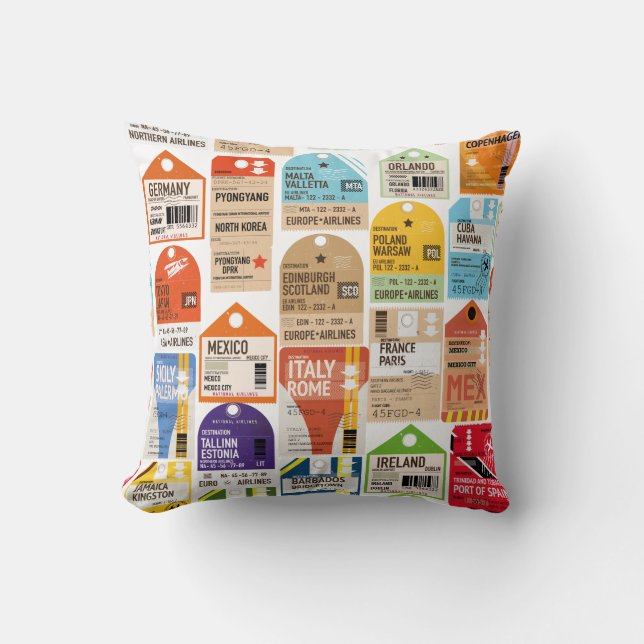 Coussin Motif de billets de voyage vintage. (Recto)