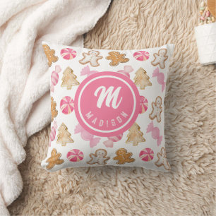 Coussin Motif de bonbon en pain d'épices à monogramme rose