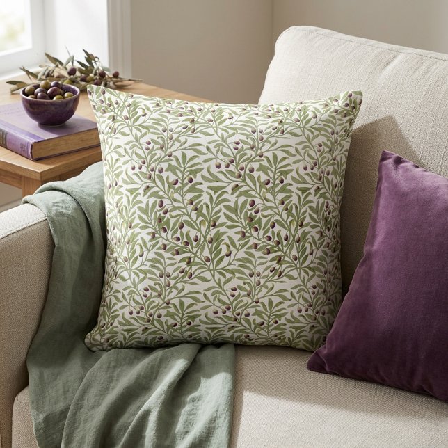 Coussin Motif de branche d'olive botanique vert sauge (Sage Green Botanical Olive Branch Pattern Throw Pillow)