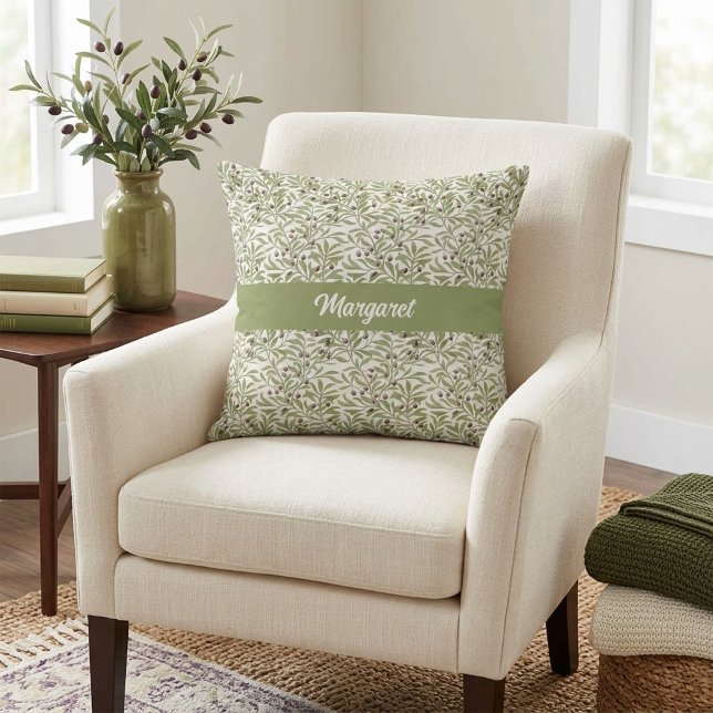 Coussin Motif de branche d'olivier botanique vert sauge (Sage Green MONOGRAM Botanical Olive Branch Pattern Throw Pillow)