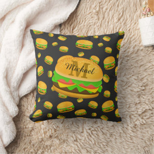 Coussin Motif de burger délicieux cool et amusant Monogram