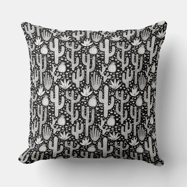 Coussin Motif de cactus - blanc sur noir (Recto)