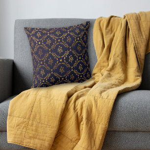 Coussin Motif de cadre de la feuille d'or sur bleu marine